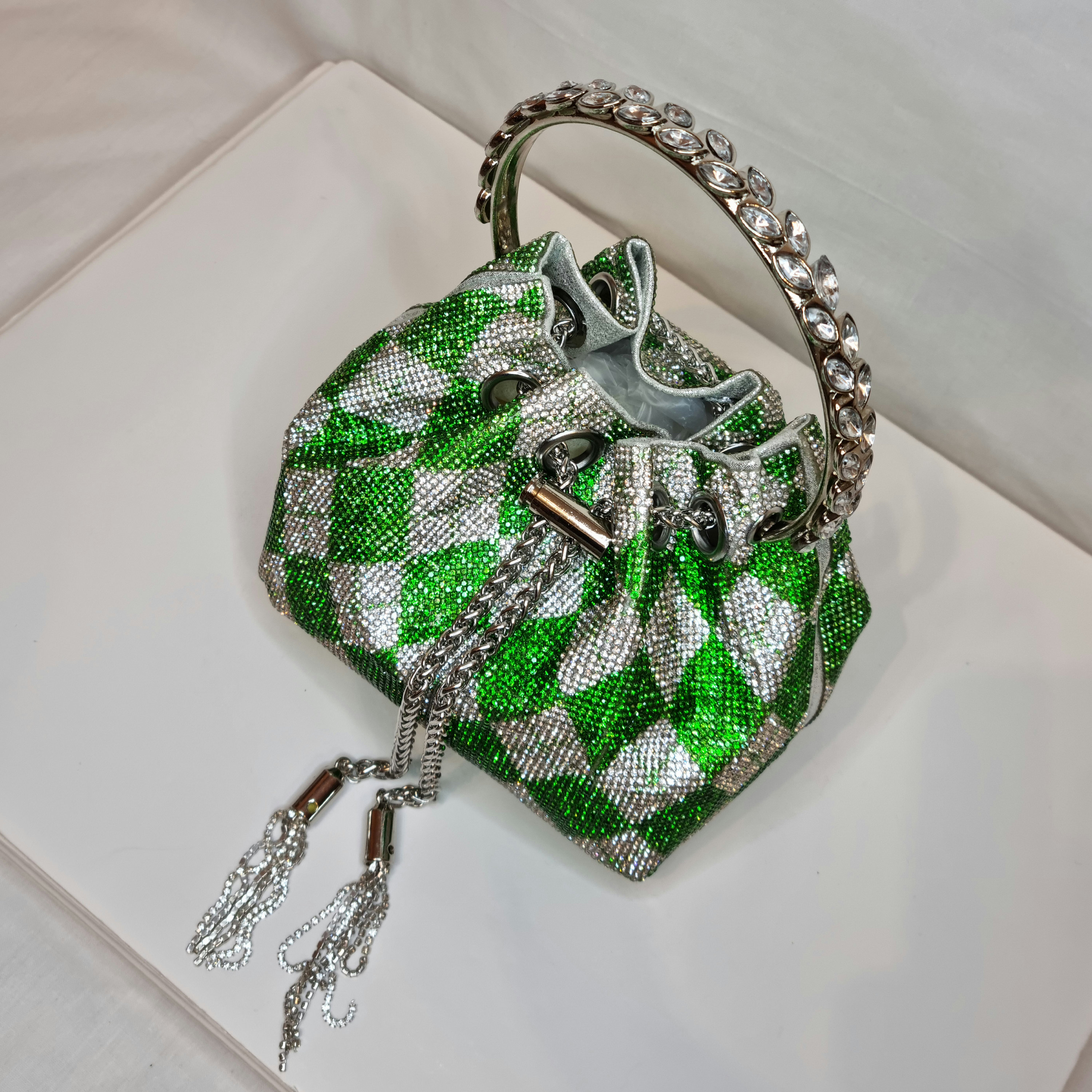 BON BON  Emerald and Silver Satin Bag with Swarovski Crystals