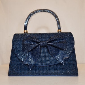 Navy Sapphire Blue Bow Luxury Crystal Diamond Top Handle Embellished Evening Clutch Bag zdjęcie 7