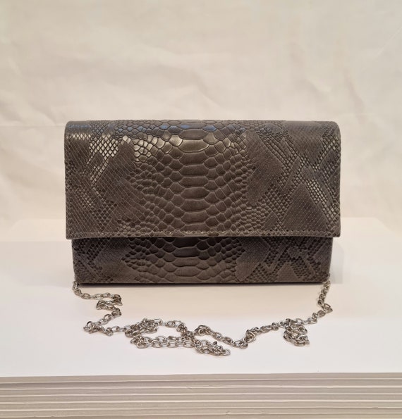 Charcoal Grey Faux Leather Snakeskin Design Evening Clutch Bag