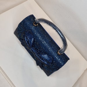 Navy Sapphire Blue Bow Luxury Crystal Diamond Top Handle Embellished Evening Clutch Bag zdjęcie 6