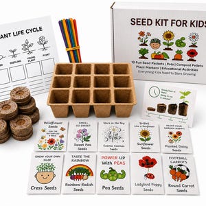 May include: A seed kit for kids including a white box labelled SEED KIT FOR KIDS, a brown fibre seedling tray, ten seed packets with illustrations, a stack of compressed compost pellets, a bundle of colourful wooden markers, and two educational cards.