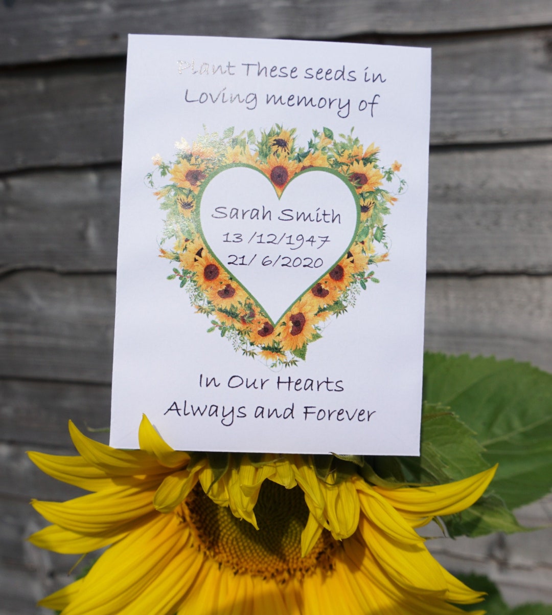 Personalised Funeral Sunflower Seed Packets Favour Flowers Remembrance