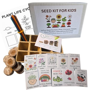 May include: A children's seed kit, presented in a cardboard box labelled "SEED KIT FOR KIDS". The kit contains seed packets, pots, compost pellets, plant markers, and educational materials. Seed packets for sunflowers, sweet peas, and radishes are visible.