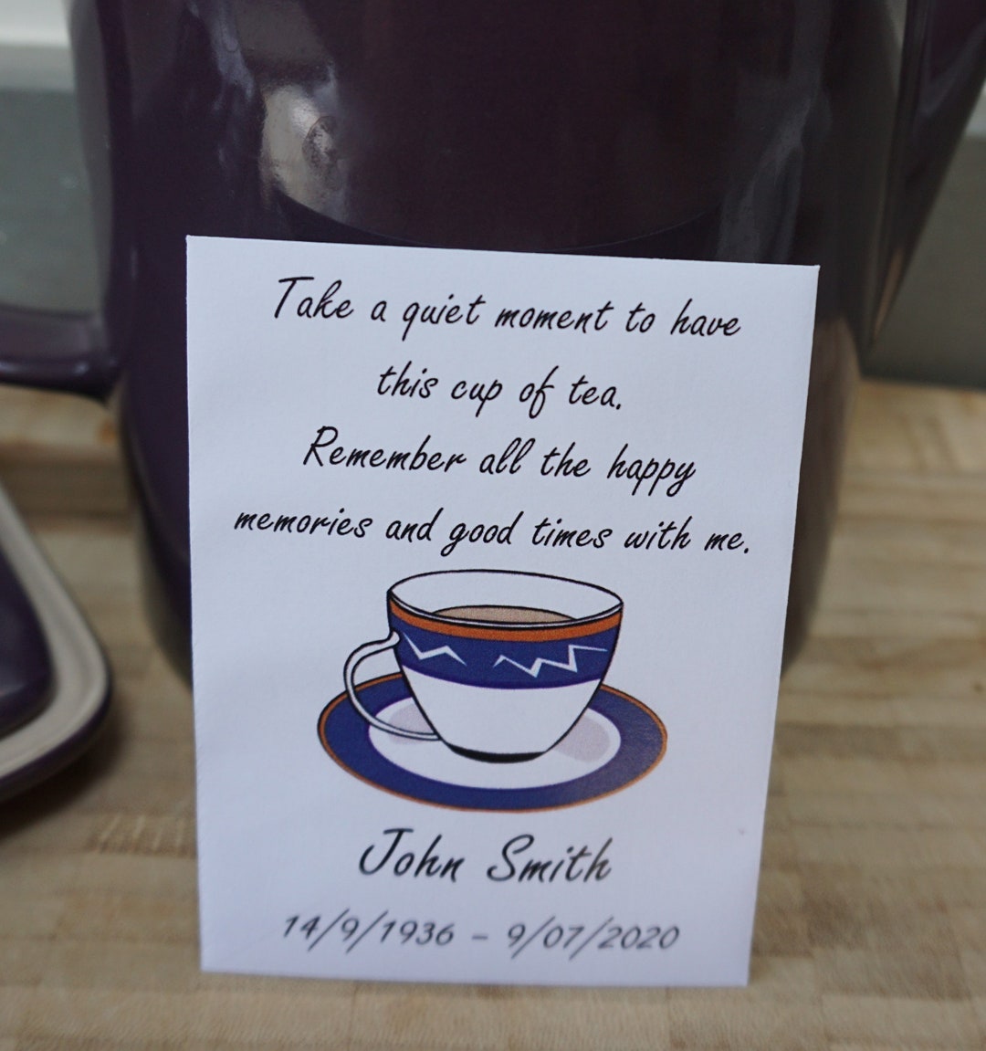 Personalised Funeral Tea Bag Cup of Tea Packets Favour Memorial