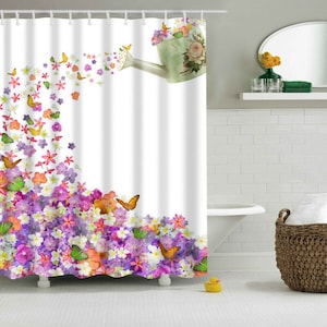 Waterproof Polyester Fabric Bathroom Shower Curtain Sheer Panel Decor 12 Hooks Flower