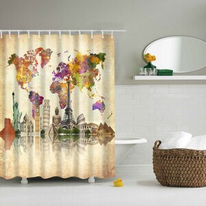 Waterproof Polyester Fabric Bathroom Shower Curtain Sheer Panel Decor 12 Hooks World Map