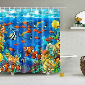 Waterproof Polyester Fabric Bathroom Shower Curtain Sheer Panel Decor 12 Hooks Sea Life