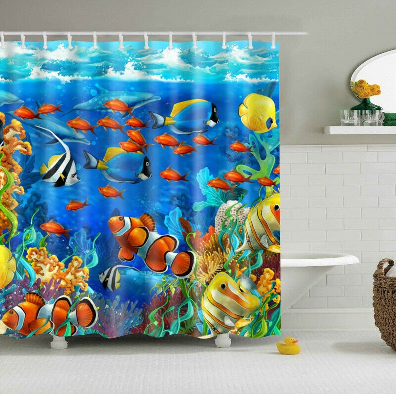 Waterproof Polyester Fabric Bathroom Shower Curtain Sheer Panel Decor 12 Hooks Sea Life