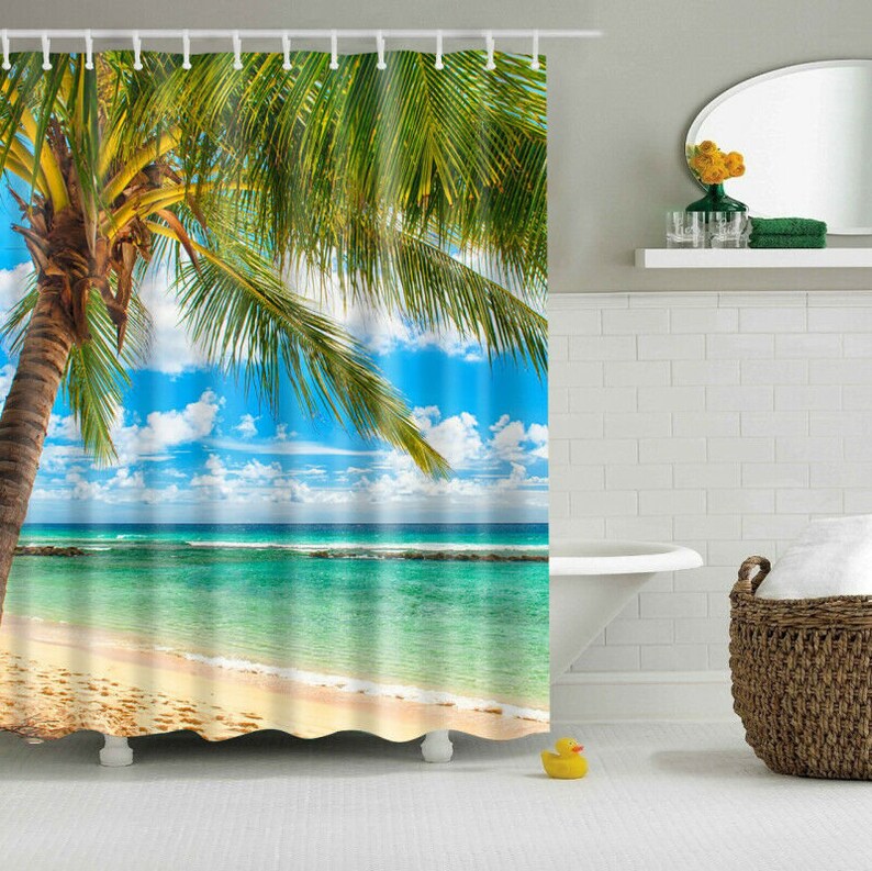 Waterproof Polyester Fabric Bathroom Shower Curtain Sheer Panel Decor 12 Hooks Coconut Tree