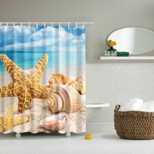 Waterproof Polyester Fabric Bathroom Shower Curtain Sheer Panel Decor 12 Hooks Starfish