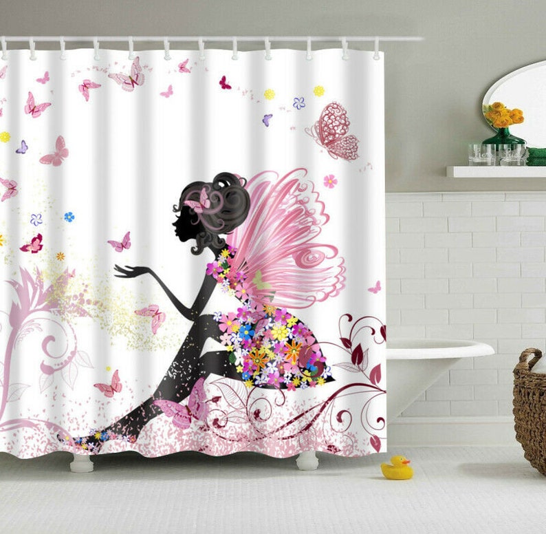 Waterproof Polyester Fabric Bathroom Shower Curtain Sheer Panel Decor 12 Hooks Butterfly Gril