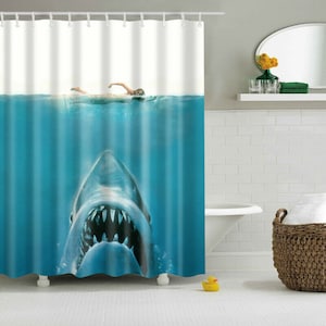 Waterproof Polyester Fabric Bathroom Shower Curtain Sheer Panel Decor 12 Hooks Shark Swimming Girl