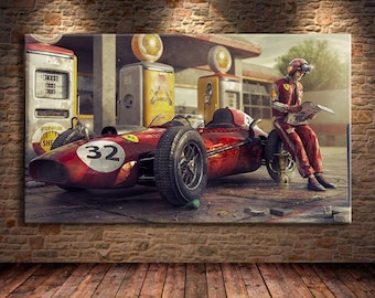 Ferrari F1 Arte Impresión / Coche Ferrari Vintage / Arte de coches de carreras / Decoración de la cueva del hombre / Vivero de coches de carreras / Regalo entusiasta del coche / Impresión de pintura de coches