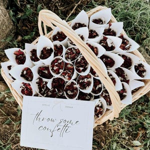 May include: A wicker basket brimming with white paper cones, each filled with dried flower confetti. The confetti is a mix of dark red and light-coloured petals. A sign reads "throw some confetti" in front of the basket.