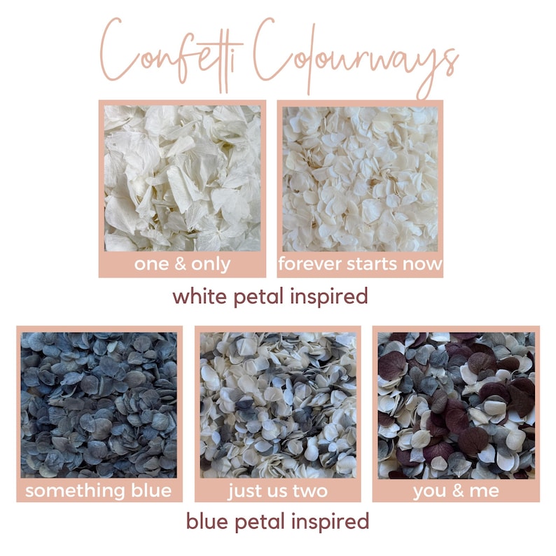 May include: An image showcasing confetti in various color palettes. The confetti is arranged in squares, with each square featuring a different color scheme. Text includes "Confetti Colourways", "one & only", "forever starts now", "something blue", "just us two", and "you & me".