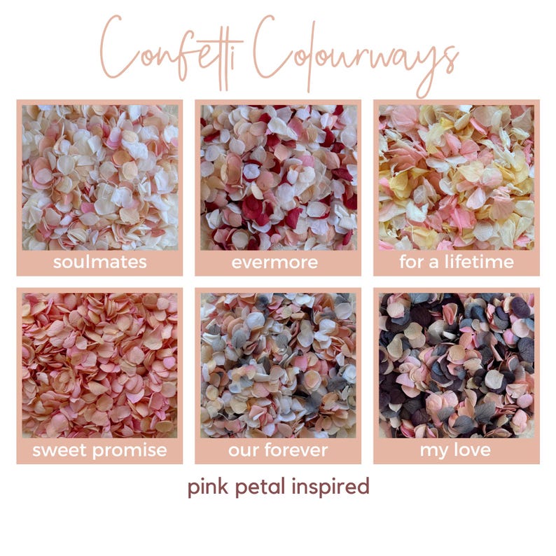 May include: An image showcasing six different confetti color palettes, each in a square frame. The palettes are labeled with names like "soulmates" and "evermore." The text "Confetti Colourways" and "pink petal inspired" are also present.
