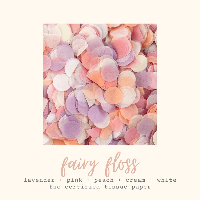 May include: A pile of colorful confetti made from tissue paper. The confetti is in shades of lavender, pink, peach, cream, and white. The text "fairy floss" is written below the image. The text "lavender + pink + peach + cream + white fsc certified tissue paper" is written below the text "fairy floss".