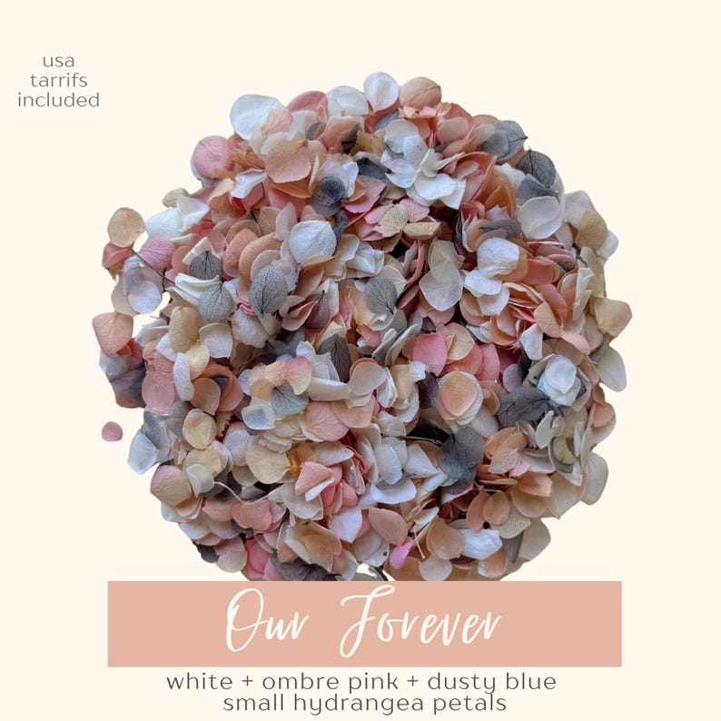 May include: A spherical arrangement of small hydrangea petals in white, ombre pink, and dusty blue hues. The text "Our Forever" is displayed on a pink rectangular banner. The words "usa tarrifs included" are in the upper left corner.