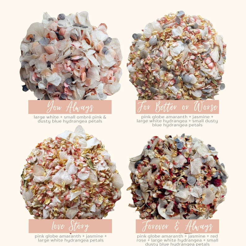 K&ouml;nnte beinhalten: Vier Blumenarrangements mit Textetiketten. Die Arrangements zeigen eine Mischung aus wei&szlig;en, rosa und blauen Hortensienbl&uuml;tenbl&auml;ttern mit den Texten "You Always", "For Better or Worse", "Love Story" und "Forever & Always".