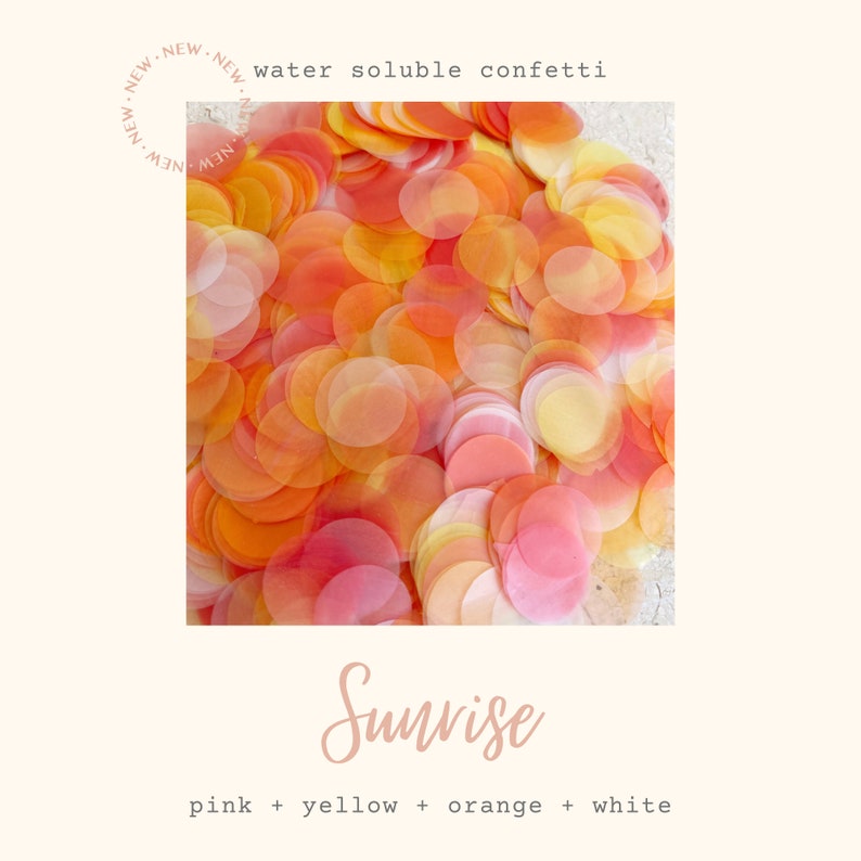 May include: Water soluble confetti in shades of pink, yellow, orange, and white. The confetti is arranged in a pile and the colors blend together to create a sunrise effect. The text "Sunrise" is written below the pile of confetti.