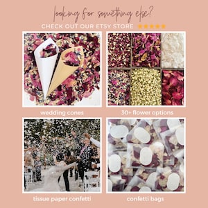 May include: Image featuring wedding essentials: cones, flower options, tissue paper confetti, and confetti bags. Text reads "looking for something else? CHECK OUT OUR ETSY STORE". Ideal for weddings and celebrations.