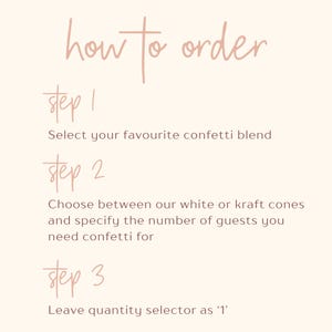 May include: A beige background with the text "how to order" in a cursive font. The steps to order confetti are listed: select confetti blend, choose white or kraft cones, and specify the number of guests. Leave quantity as '1'.