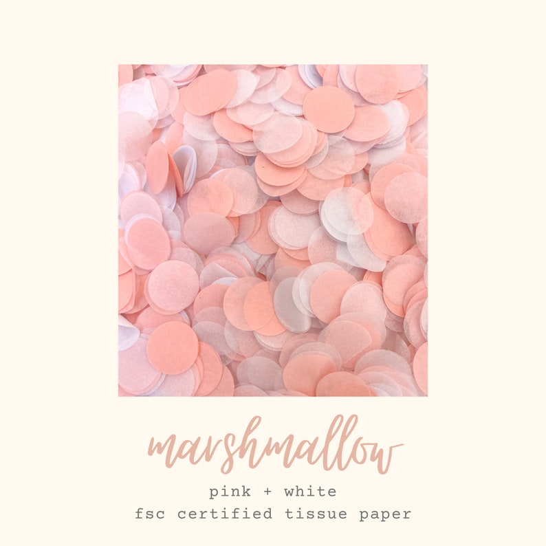 May include: Pink and white tissue paper confetti. The confetti is in the shape of circles and is arranged in a pile. The text "marshmallow" is written below the image. The text "pink + white" is written below the text "marshmallow". The text "fsc certified tissue paper" is written below the text "pink + white".