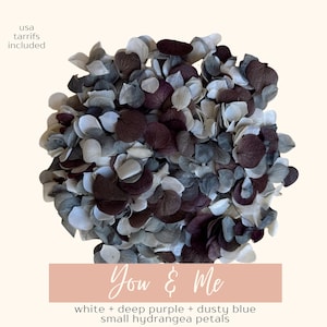 May include: A close-up of a bundle of small hydrangea petals in shades of white, deep purple, and dusty blue. The text "You & Me" is displayed on a pink banner, with the words "white + deep purple + dusty blue small hydrangea petals" below.