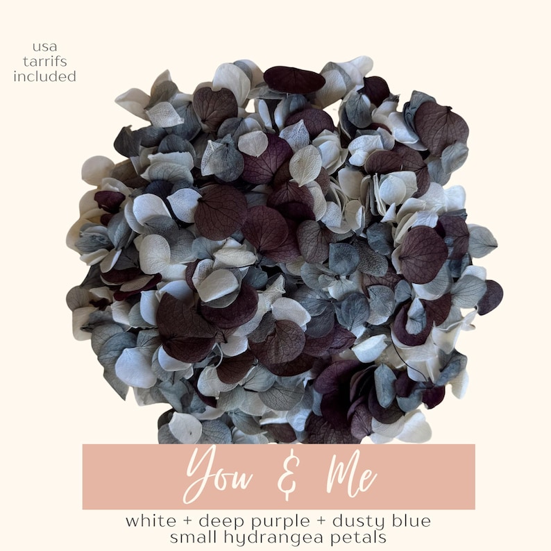 May include: A close-up of a bundle of small hydrangea petals in shades of white, deep purple, and dusty blue. The text "You & Me" is displayed on a pink banner, with the words "white + deep purple + dusty blue small hydrangea petals" below.