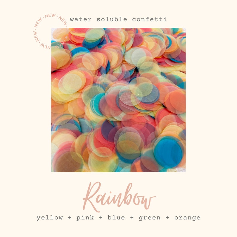 May include: A close-up of a pile of colorful water soluble confetti in yellow, pink, blue, green, and orange. The confetti is in the shape of circles and is perfect for adding a festive touch to any celebration.