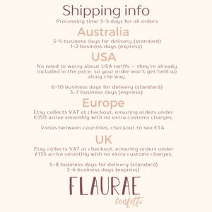 May include: Text on a cream-colored background, listing shipping information for orders. Includes processing times, delivery estimates for Australia, USA, Europe, and UK. The brand name "FLAURAE confetti" is at the bottom.