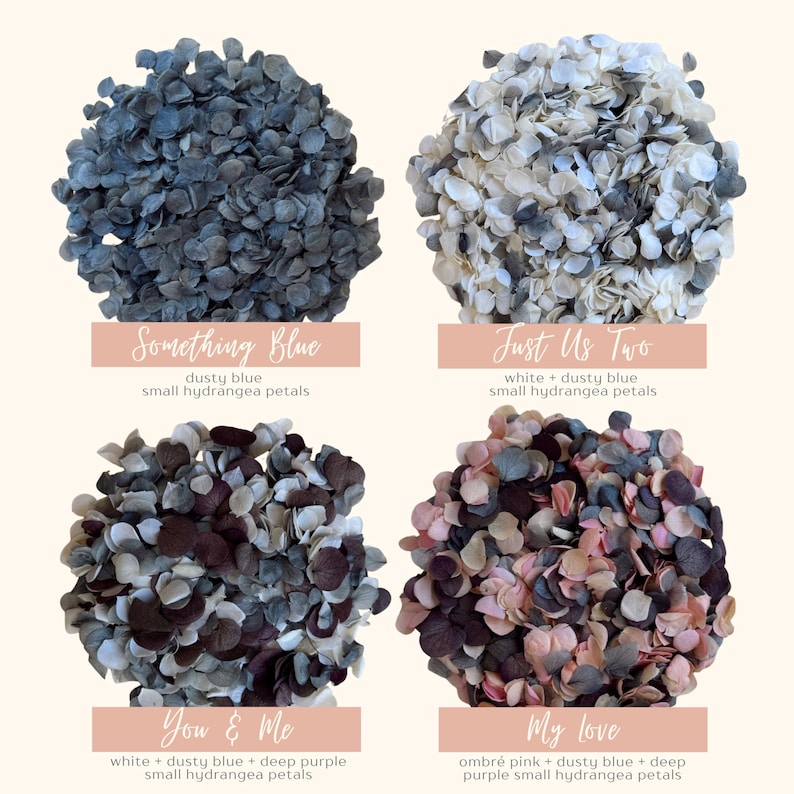 K&ouml;nnte beinhalten: Vier Arrangements aus kleinen Hortensienbl&uuml;tenbl&auml;ttern in verschiedenen Farbkombinationen. Die Arrangements umfassen Staubblau, Wei&szlig; und Staubblau, Wei&szlig;, Staubblau und Dunkelviolett sowie Ombre-Rosa, Staubblau und Dunkelviolett. Der Text auf dem Bild lautet "Something Blue", "Just Us Two", "You & Me" und "My Love".