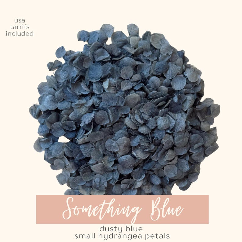 May include: A cluster of dusty blue hydrangea petals. The petals are a muted blue-gray color. The text "Something Blue" is displayed on a pink rectangular label, along with the words "dusty blue small hydrangea petals."