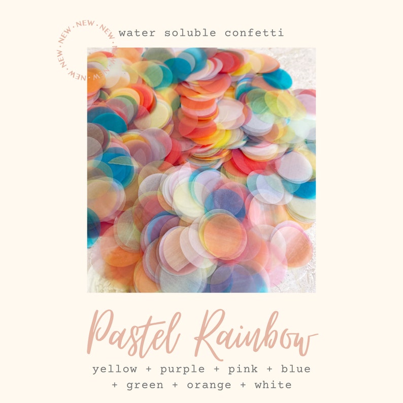 May include: Pastel rainbow water soluble confetti in yellow, purple, pink, blue, green, orange, and white.  NEW NEW Water soluble confetti NEW NEW.
