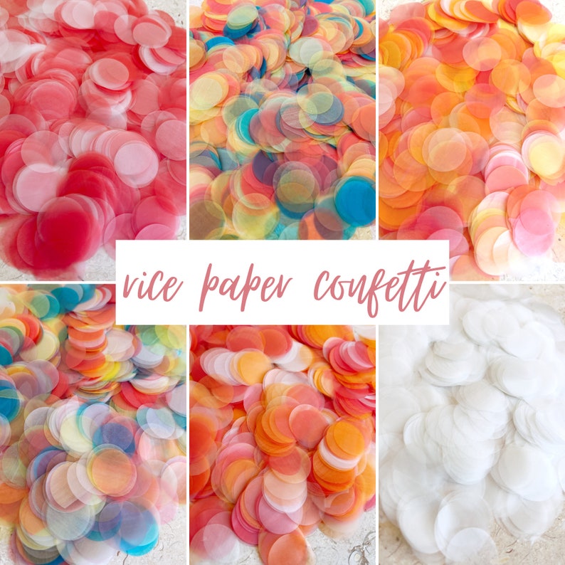 May include: Assortment of colorful rice paper confetti in various shades of red, orange, yellow, blue, and white. The confetti is arranged in piles on a white surface. The text "rice paper confetti" is written in pink on a white background.