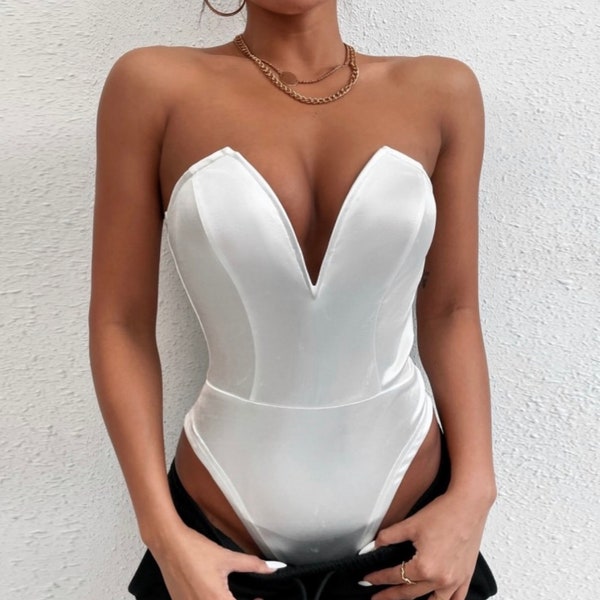 V Neck Strapless High Waist Bodysuit  Women's Black One Piece Summer Fashion Sexy Lingerie