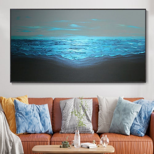Navy Blue Ocean Painting, Calm Sea Fantasy Art, Original Diving Sports Canvas shops Painting, Sun Light Wall Art, Minimalism, Nature Landscape