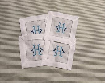 Custom Embroidered Monogram Hemstitch Linen Napkins