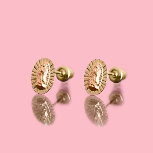 PVLA| 14k Solid Yellow And Rose Gold La Virgen De Guadalupe Stud Earrings | Virgencita Gold Small Earrings |Perfect Virgen De Guadalupe Gift