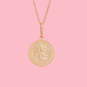 PVLA | 14k Solid Yellow Gold Saint Michael Pendant Charm Necklace| ArchAngel Protection Medallion | Guardian Angel  Gold Necklace Set Option