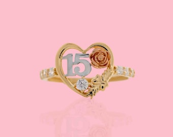 PVLA / Anillo de oro macizo de 14 k con forma de corazón y circonita cúbica para quinceañeras / Anillo de quinceañera con forma de corazón / Anillo de quince años