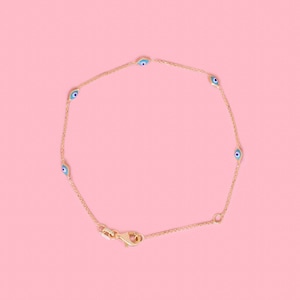 PVLA | 14k Solid Yellow Gold Evil Eye 7&quot; Bracelet | Mal De Ojo Real Gold Pulsera| Blue Evil Eye Charm Adjustable 6.5&quot; - 7&quot;  Dainty Bracelet
