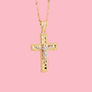 14k Gold Cross Necklace | 14k Solid 2-Tone Yellow Gold and White Gold Crucifix | Baptism Gift Boy  | First Communion Gift | PVLA
