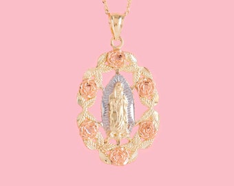 PVLA | 14K Solid Tri Color Gold Virgin Mary Guadalupe Necklace |  Rose Flower Oval Frame Pendant Charm Necklace Set option | Religious Gifts
