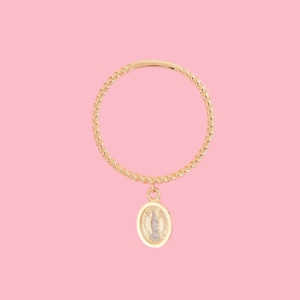 PVLA | 14k Solid Yellow Gold Twist Dangling Virgin Mary Ring | Stackable Swinging Religious Twist Ring | Dainty Cute Religious Ring