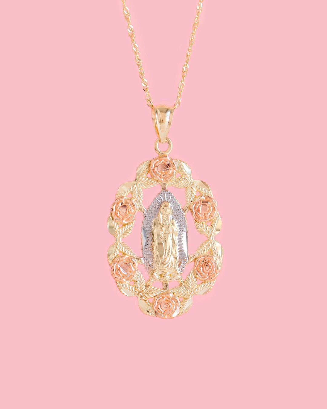 PVLA | 14K Solid Tri Color Gold Virgin Mary Guadalupe Necklace | Rose ...