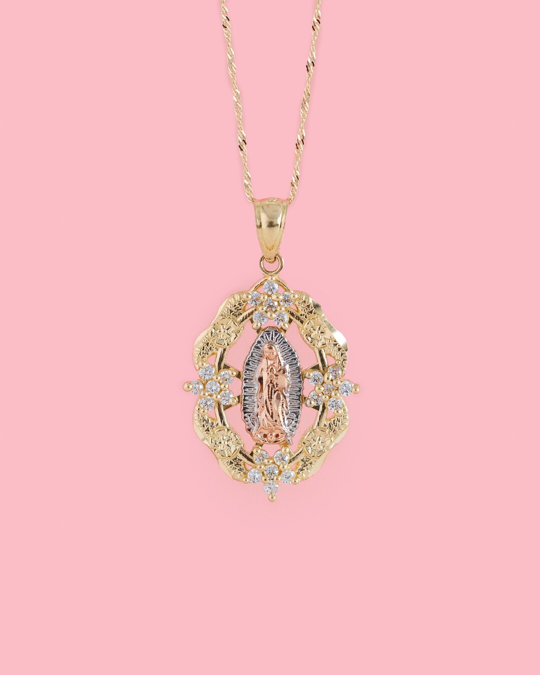 14K Solid Tri Color Gold Virgin Mary Guadalupe CZ Necklace | CZ Flower ...