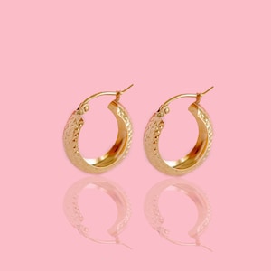 PVLA| 14k Solid Yellow Gold Chunky Patter Hoops | Diamond Cut Pattern Gold Hoops | Arracada de Oro |  Dome Gold Hoop Earrings