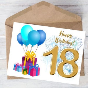 Druckbare 18. Geburtstagskarte für Sohn Kind Junge Freund Bruder Freund Enkel Feuerwerk Geschenke Ballons, Download, mit Umschlag, 13x18cm