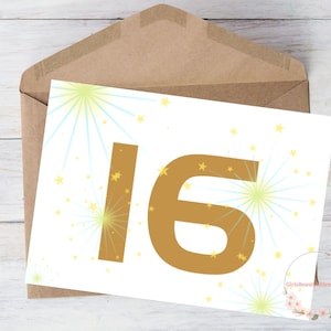 16. Geburtstagskarte zum Ausdrucken für Sohn Tochter Kind Freund 16. Geburtstagskarte Sweet 16 Card Firework Golden Download, mit Umschlag, 5"x7"